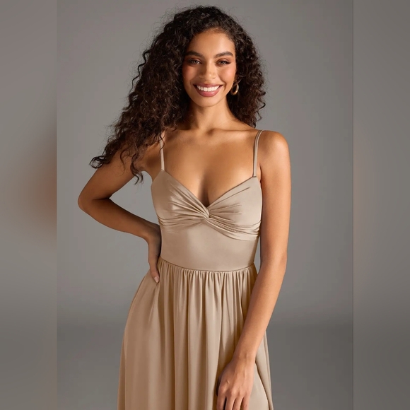 Azazie ZEYA Taupe A-Line Pleated Stretch Satin Maxi Dress - Small Custom Size - Picture 4 of 11